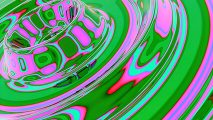 Fototapeta na wymiar Green and pink fluid rings in neon lighting. Design. Digital molten lava waves flowing all over the screen.