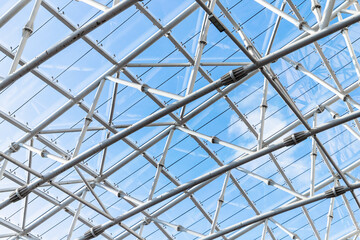 Internal structure of transparent roof with metal frame and glass
