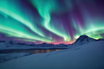 Northern Lights over lake. Aurora borealis with starry in the night sky. Fantastic Winter Epic...