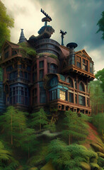 Fototapeta na wymiar steampunk castle in the park, digital illustration, fantasy landscape