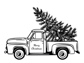 Black and white hand drawn illustration. Car with a Christmas tree. Delivery concept. Vintage engraving sketch.
