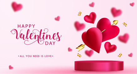 Fototapeta na wymiar Valentine's day podium vector design background. Happy valentine's day text with stage product display presentation with couple balloons elements. Vector Illustration. 