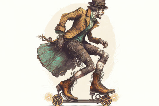 Stylish Man On A Roller Skate In Profile With Large Courier Bag, Fantasy Style, Isolated