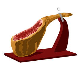 Jamon - leg of dried pork meat on a wooden stand. Jamon meat vector icon. Spanish ham dry cured pork leg with hoof, jamon iberico bellota.