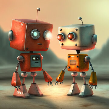 Illustration Of Two Toy Cute Tiny Robots, Created With Generative AI Technology