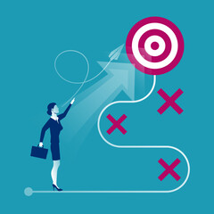 Path to goal. Business people. Vector illustration flat design. Achieving goal. Strategy to aim. Businesswoman in suit before the goal achievement plan.