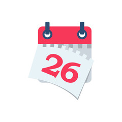Tear off the calendar sheet. 26 is the date on the calendar. Off date. Deadline concept. Template page. Vector illustration flat design. Isolated on white background.