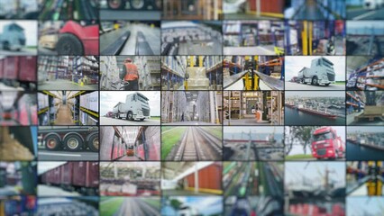 Modern warehouse collage. Logistics in a big company. Logistics process in one video. Multiscreen video work in a large warehouse. Modern warehouse in a factory. industry opener