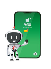 Fototapeta premium Robot phone security vector design. Mobile smart phone safety device lock update for privacy information access apps. Vector Illustration. 
