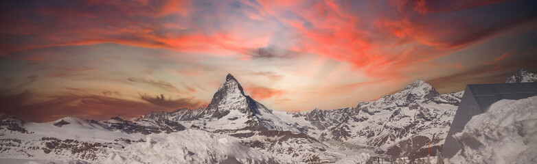 The panoramic of sunset sky scene  view to the majestic Matterhorn mountain, Valais, Switzerland - obrazy, fototapety, plakaty