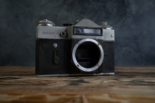 Zenit E vintage camera, old fashioned retro style photographic equipment on August 9, 2022 in Miekinia, Poland.