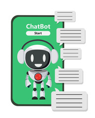 Robot chatbot character vector design. Chat bot apps with ai technology and speech bubbles for automated question and answer. Vector Illustration.
