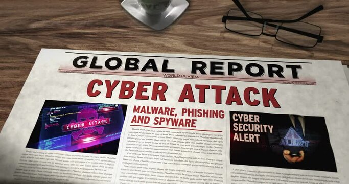 Cyber attack and digital security daily newspaper on table. Headlines news abstract concept 3d.