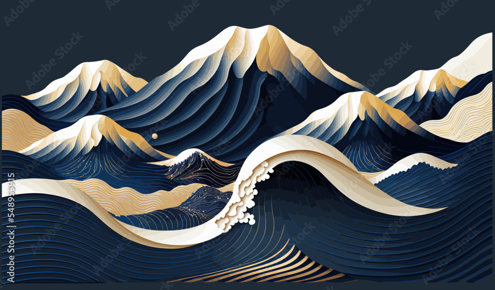 Wall mural minimalistic mountain landscape with watercolor gold brush and texture in traditional oriental, japa