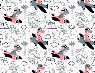 seamless pattern with with Cute dinosaurs flying in airplane.
