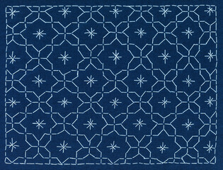 Beautiful textile background with handmade embroidery white threads of geometric pattern on blue...
