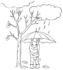 A cute cartoon hare stands under the rain with a umbrella. A nearby tree is losing its leaves. Autumn. Illustration for a children's book - coloring.