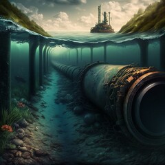 open oil pipeline under water, profile, tube, metal, generative ai