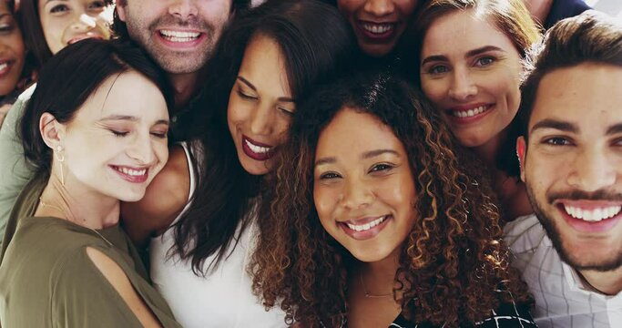 Above, group and business people together for teamwork and collaboration with happiness and joy. Diverse, multicultural corporate crowd, top view while bonding with care and unity or solidarity