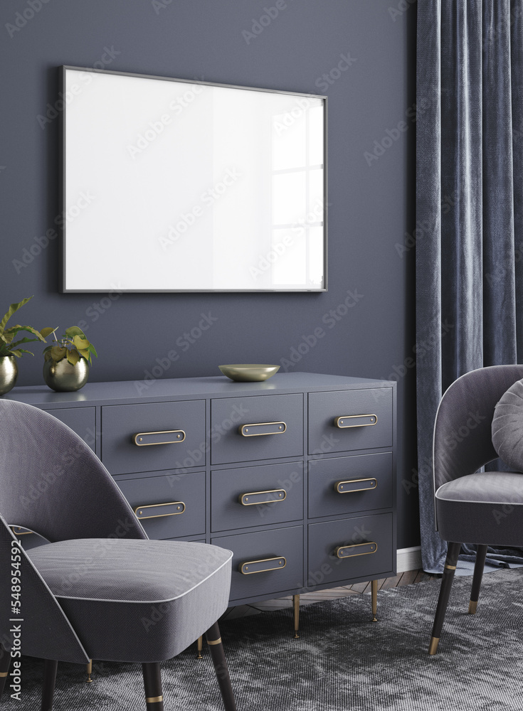 Wall mural mock-up frame in dark blue home interior, 3d render