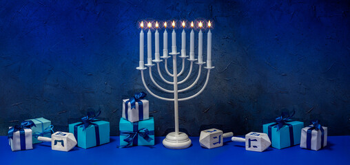 Jewish Hanukkah Menorah 9 Branch Candlestick, dreidel, gift boxes. Holiday Candle Holder, dreidl....