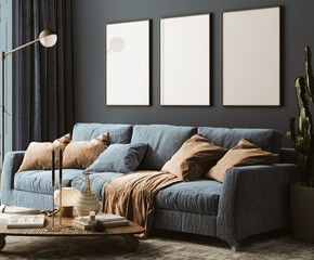 Mock-up frame in dark blue home interior, 3d render - obrazy, fototapety, plakaty