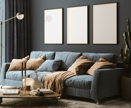 Mock-up frame in dark blue home interior, 3d render