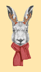 Portrait of Hare with Christmas Antlers. Hand-drawn illustration.