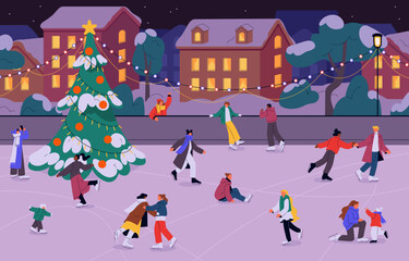 People skating on ice-rink on winter holiday. Happy active characters skaters outdoor in town, city with Christmas decoration, Xmas fir tree. Wintertime fun, vacation. Flat vector illustration