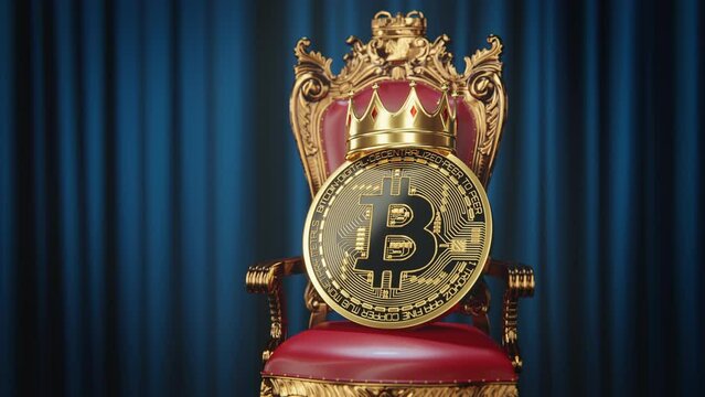 Gold BTC Bitcoin coin with king's crown on a red throne. Blue curtains in the background. Slow camera zoom out.
High quality 3D rendered footage in 4k 3840x2160 resolution.