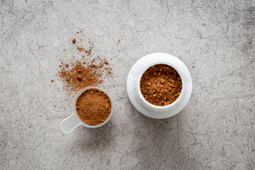 Whey protein powder in jar. Sport food supplement and fitness diet