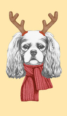 Portrait of Cavalier King Charles Spaniel with Christmas Antlers. Hand-drawn illustration.