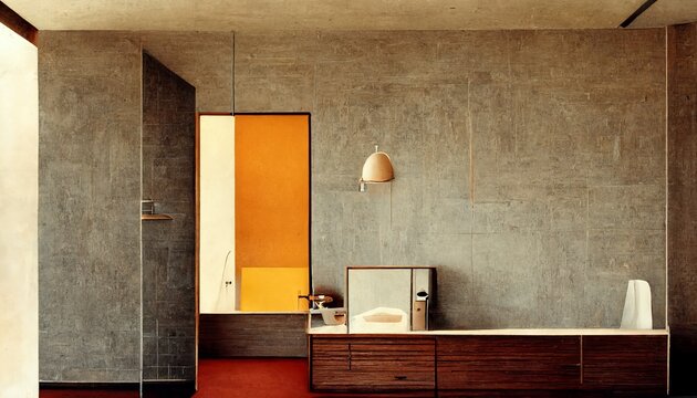 Mid-century Modern And Minimalist Bathroom Interior Illustration 