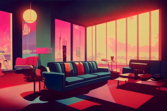 Futuristic 90's vibes cyberpunk living room interior illustration 