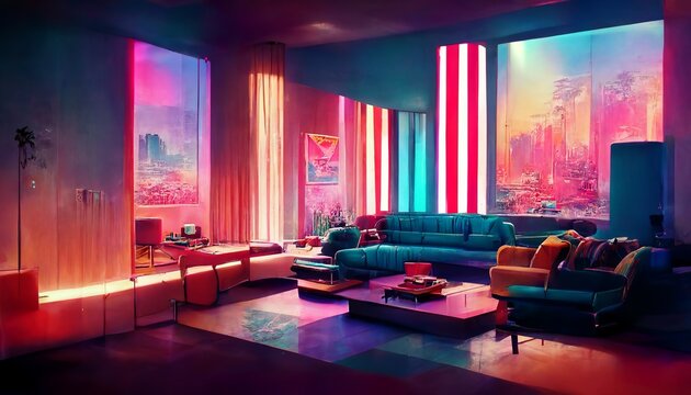 Cyberpunk style living room and neon lighting interior illustration