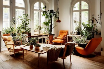 Fototapeta premium Scandinavian and Bohemian styled living room interior illustration