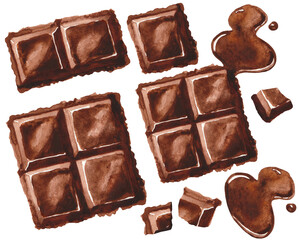 Watercolor Chocolate Bars and Splashes Melted Chocolate