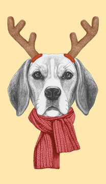 Portrait of Beagle with Christmas Antlers. Hand-drawn illustration.