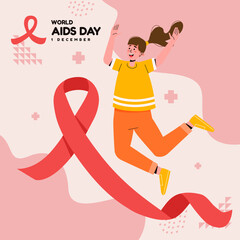 World Aids Day Woman Happy Jumping Hands Up with Red Ribbon