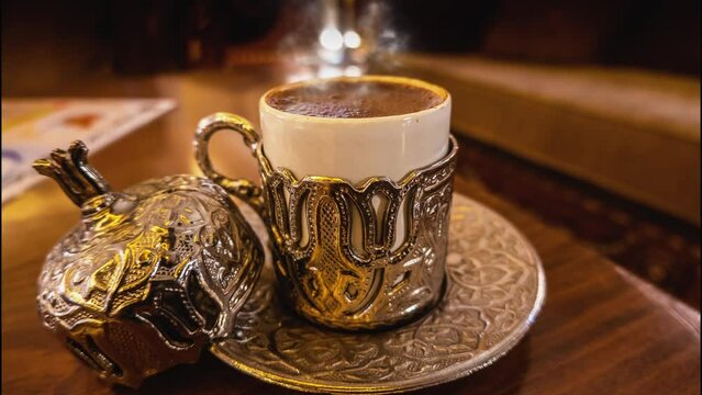 Richly decorated small traditional Turkish cup for strong black coffee.