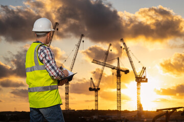 Professional construction engineer standing with a notebook in front of the construction site