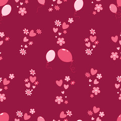 Seamless pattern with hearts, balloons and flowers on a maroon background for Valentine's Day or a family celebration