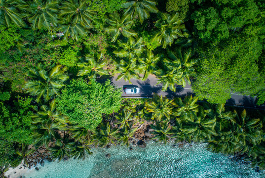 Drone View over Coastal Road On Seychelles Island