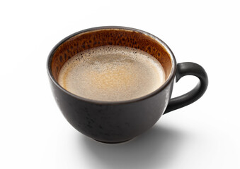 Large cup of fresh hot morning coffee with creamy foam on white background.