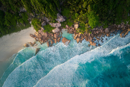 Drone View Over Beach on La Digue Island, Seychelles