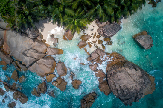 Drone View Over Sand Beach In Beau Vallon, Seychelles
