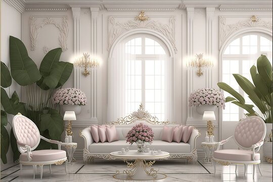 Luxurious wedding hall session in classic white colors, banana leaves, pink roses, wall lamps, table, sofa . Generative AI Technology