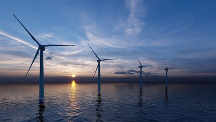 ULTRA HD. Offshore wind turbines farm on the ocean. Close up view. Sustainable energy production, clean power.  © adobedesigner