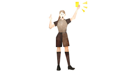 イエローカードを出すサッカーのアジア人女性審判員。水彩風背景透過イラスト。