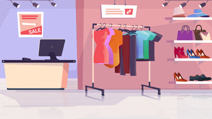 Clothing shop interior concept in flat cartoon design. Showroom of store with assortment and furniture. Clothes on hanger, shoes and accessories on shelves, counter. Illustration background